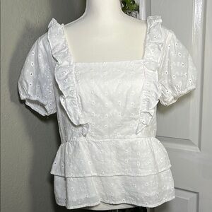 👚NWOT SO White Puff Sleeve Embroidered 100% cotton Ruffled Blouse